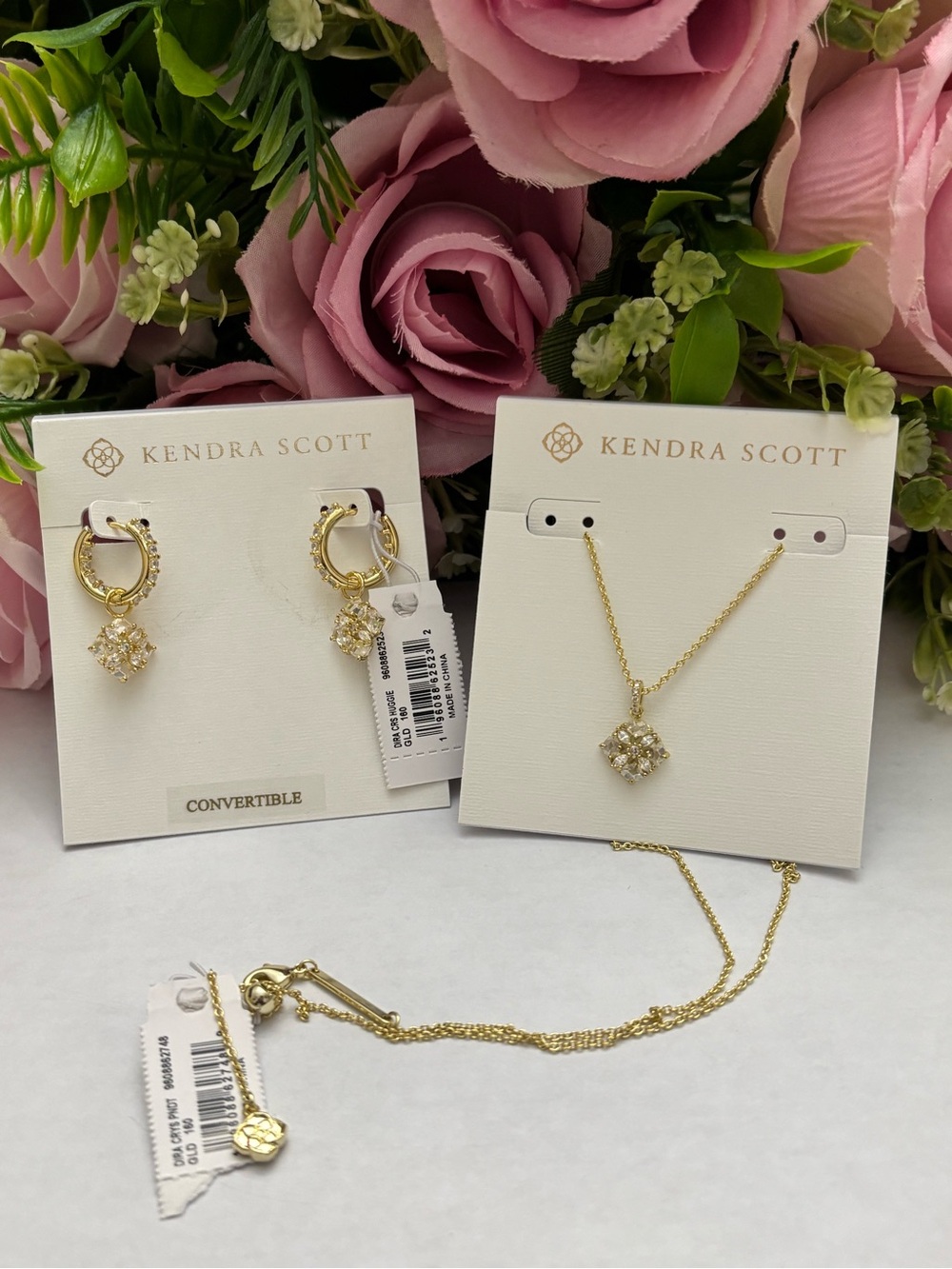 NWT Kendra Scott set of Dira Drop Huggie Hoop Earrings + Necklace in gold CZ
